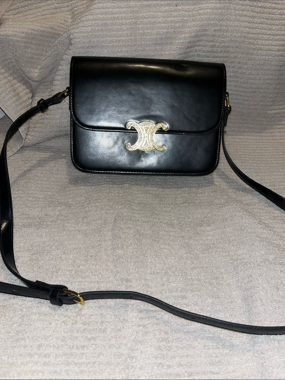 Celine Black Leather Crossbody with Gold Triomphe Accent